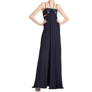 HALSTON Del Sequin Draped Jersey Sleeveless Halter Formal Jumpsuit Size 12